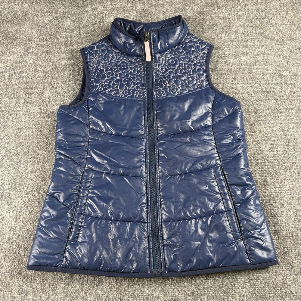 Lands' End Kids Girls Vest S 7-8 Blue Puffer Floral Embroidered Quilted School